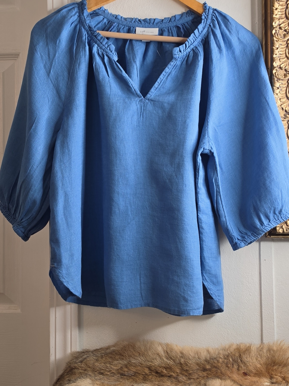 J. Jill Line 100 % Bright Blue Peasant Blouse with V-Neck Size S